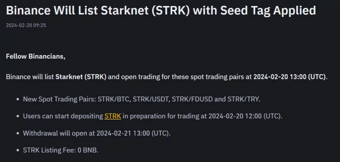 Binance listing strk