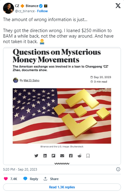 binance ceo refutes report on 250m loan to bam management 65b97b92efc28