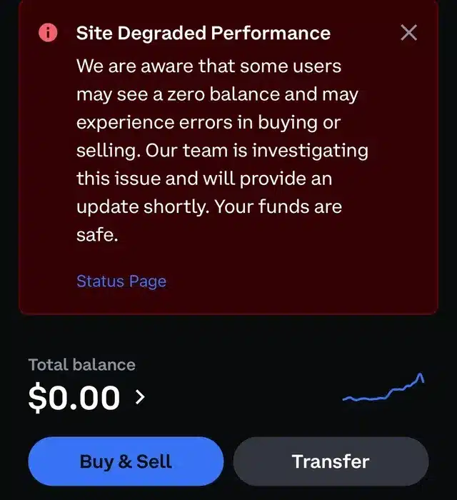 Screenshot showing zero balance and site degradation warning on Coinbase exchange