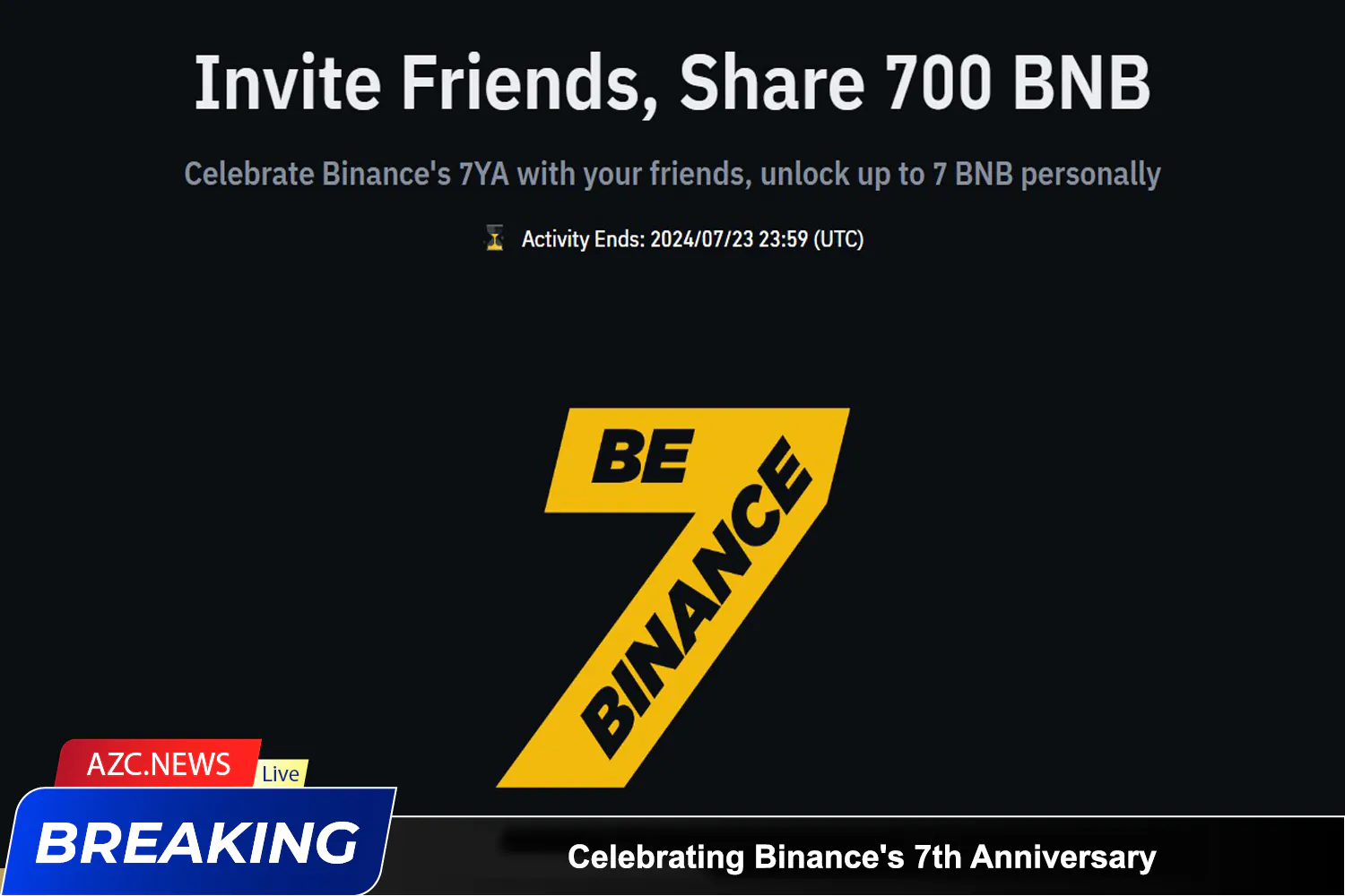 Azcnews Celebrating Binance's 7th Anniversary Invite Friends To Share 700 Bnb