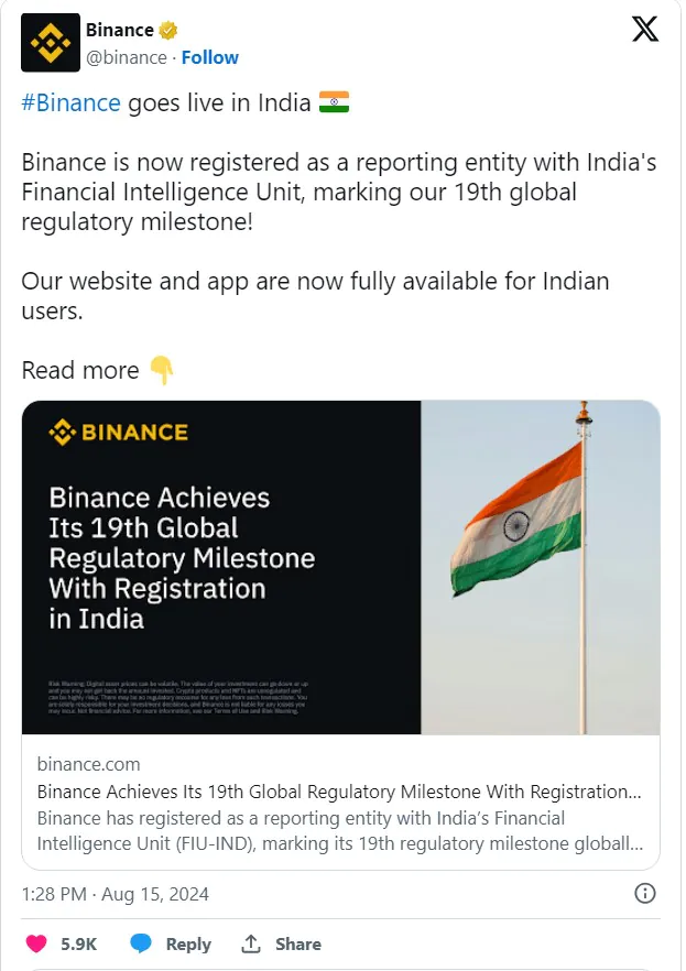 Binance Goes Live In India