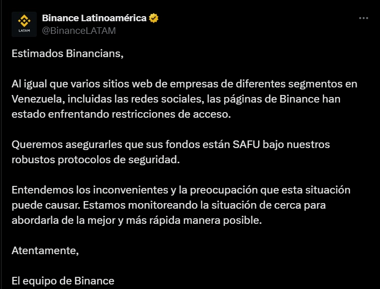 Binance in Venezuela Announces Binance Blocked