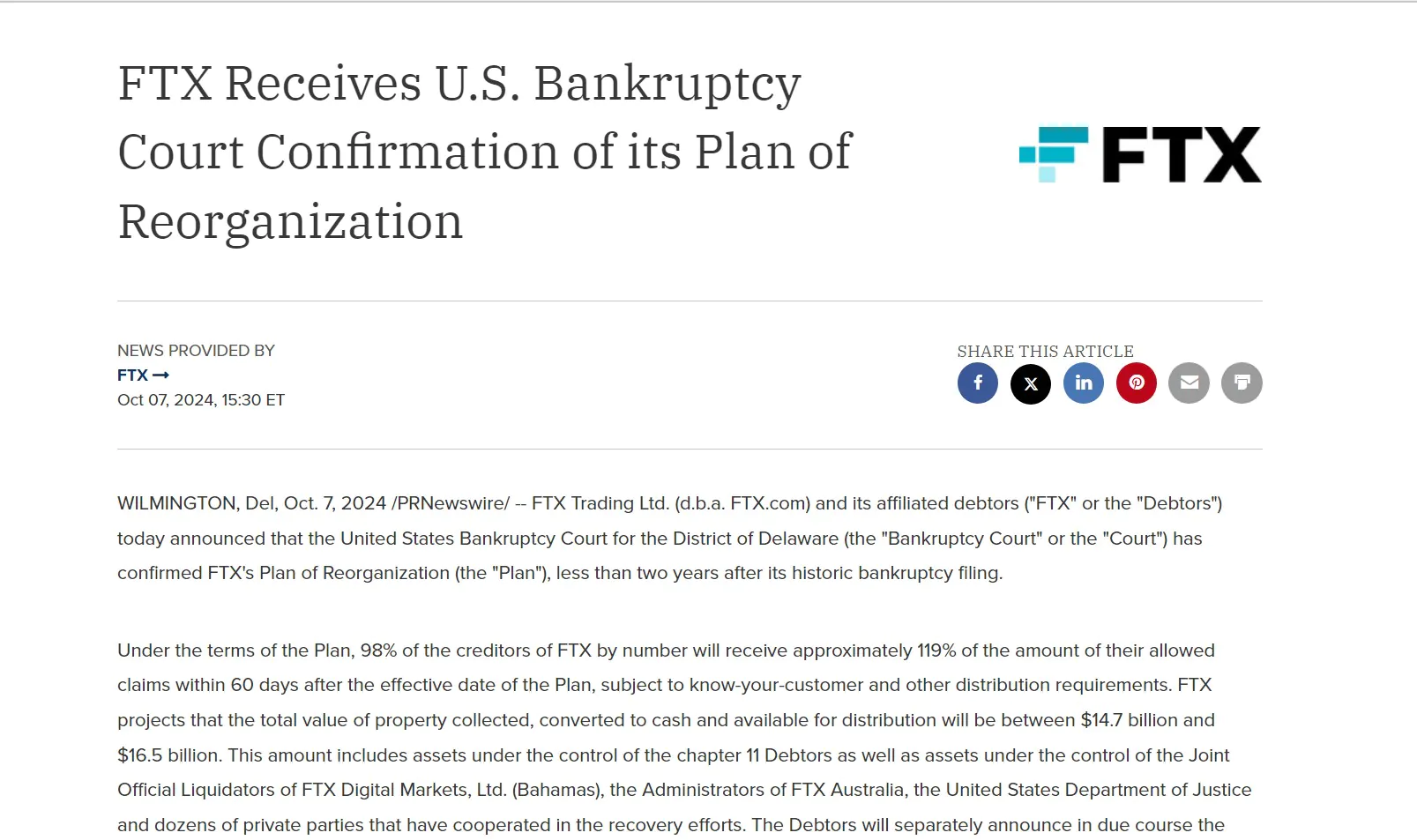 Ftx Receives U.s. Bankruptcy Court Confirmation Of Its Plan Of Reorganization