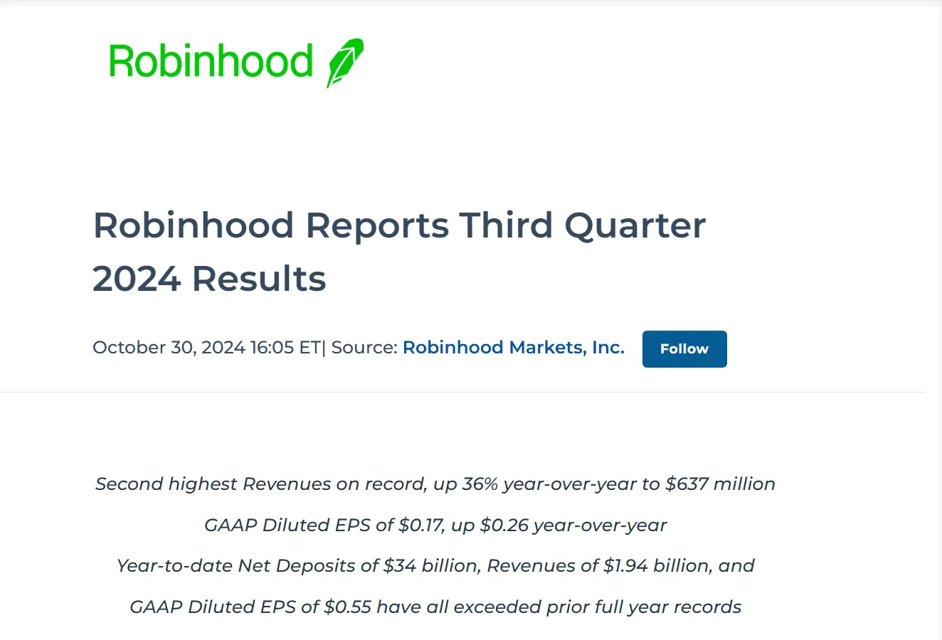 Robinhood Reports Third Quarter 2024 Results