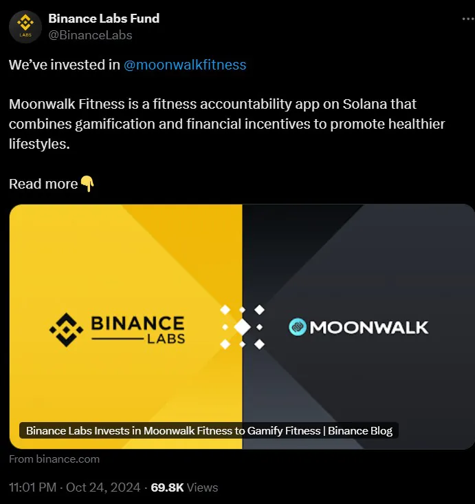 Binance Labs recently announced an investment in Moonwalk Fitness