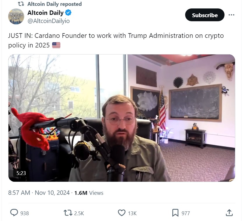 Cardano Founder To Work With Trump Administration On Crypto Policy In 2025