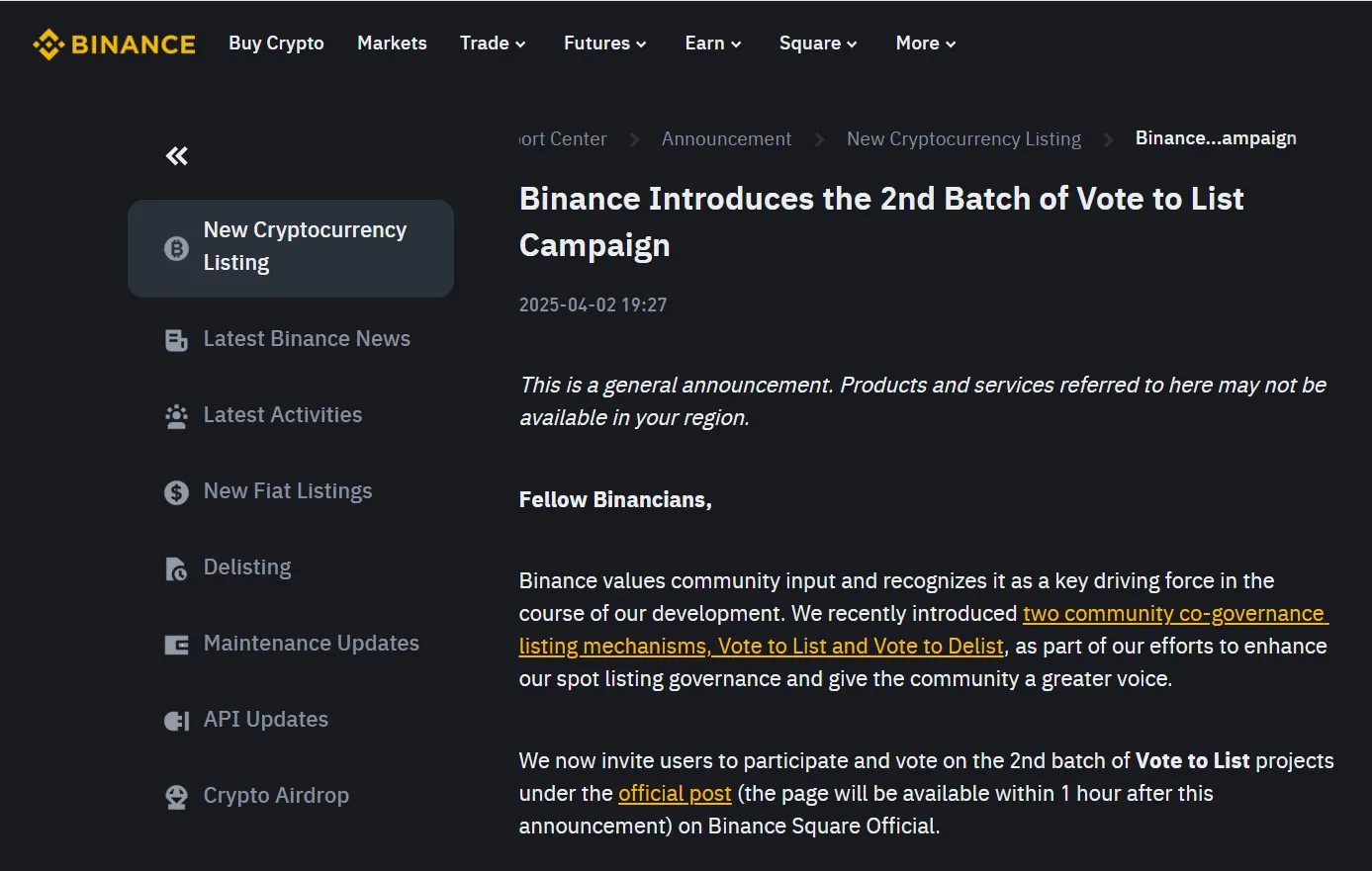 Binance Introduces The 2nd Batch Of Vote To List Campaign