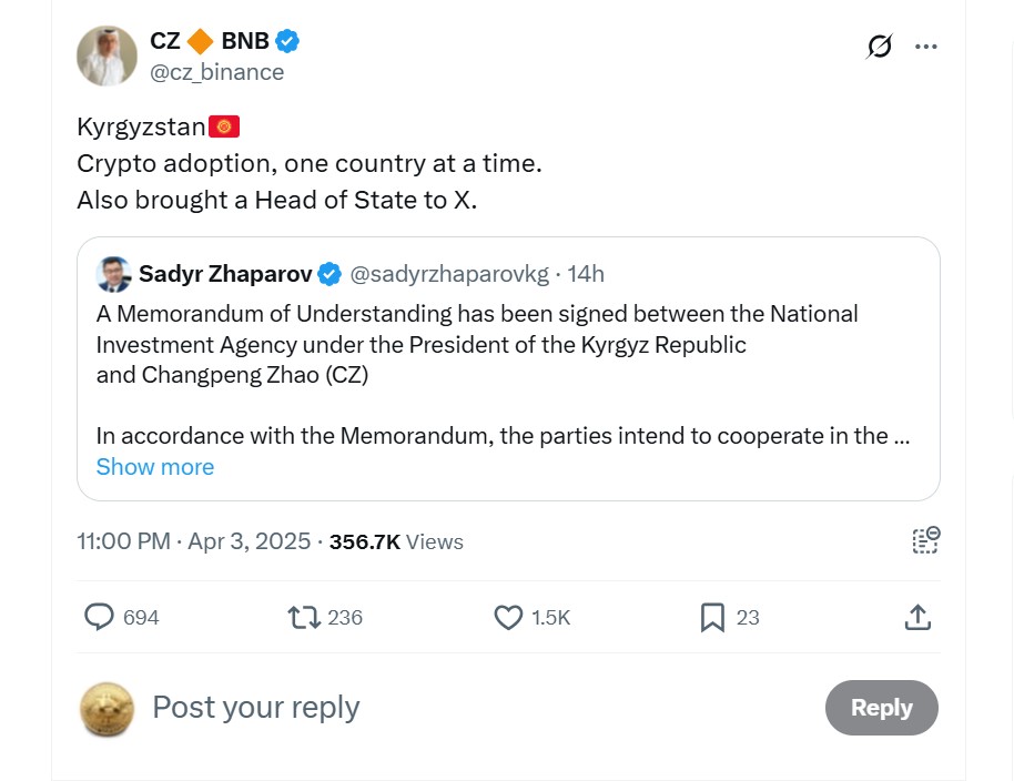 Cz Announcement On X