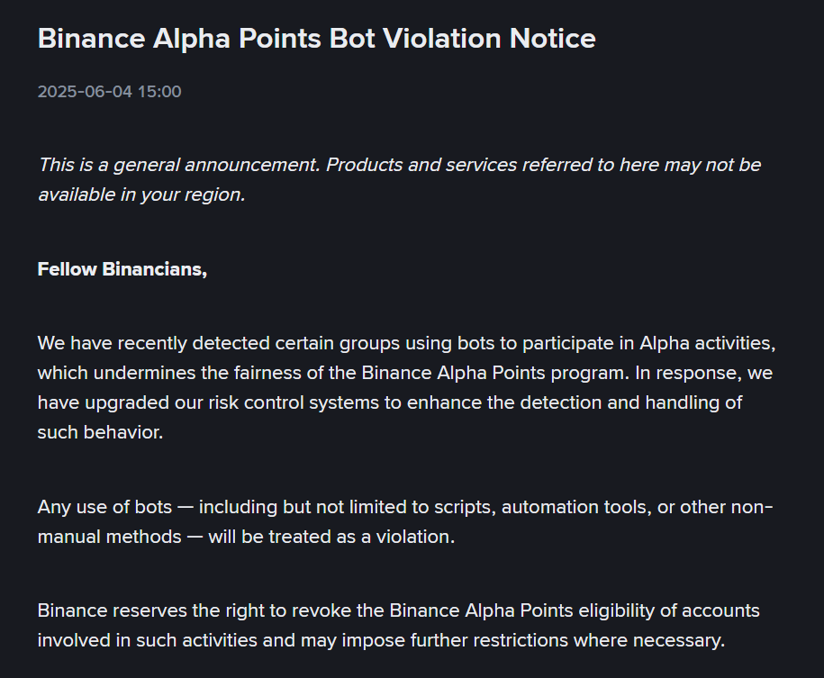 Binance Tightens Alpha Points Program to Prevent Bot Abuse 2 Binance Announcement