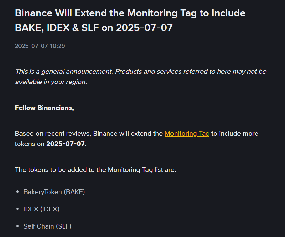 Binance Puts 3 Tokens Under Surveillance