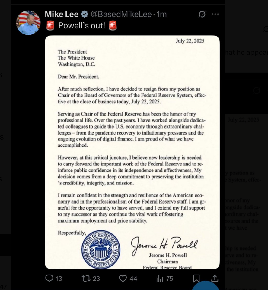 Fed Chairman's Resignation Letter Goes Viral