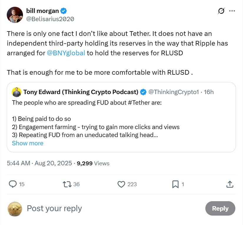 Crypto Lawyer Exposes Major Weakness in USDT, Claims RLUSD Is Superior 2 Bill Morgan Shares On X