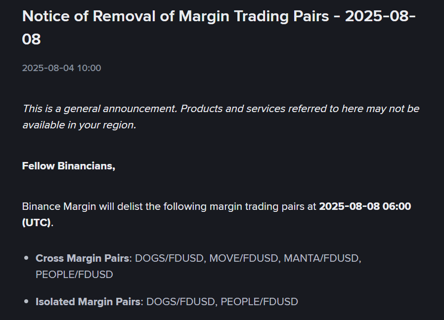 Binance to Delist Multiple FDUSD Margin Trading Pairs 2 Binance Annoucement