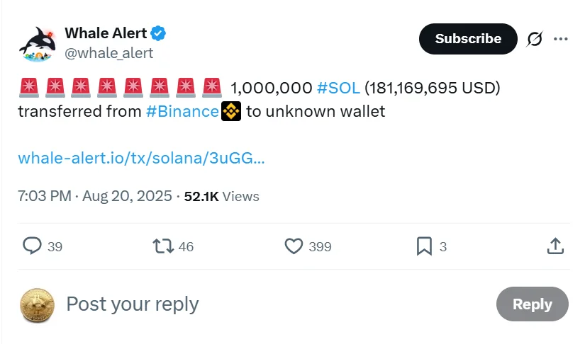 1 Million SOL Leaves Binance in a Surprise Transaction 2 Data From Whale Alert