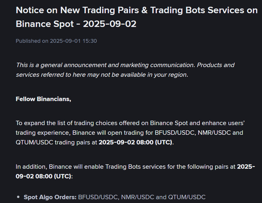 Binance Kicks Off September with New Listings 2 Binance Announcement