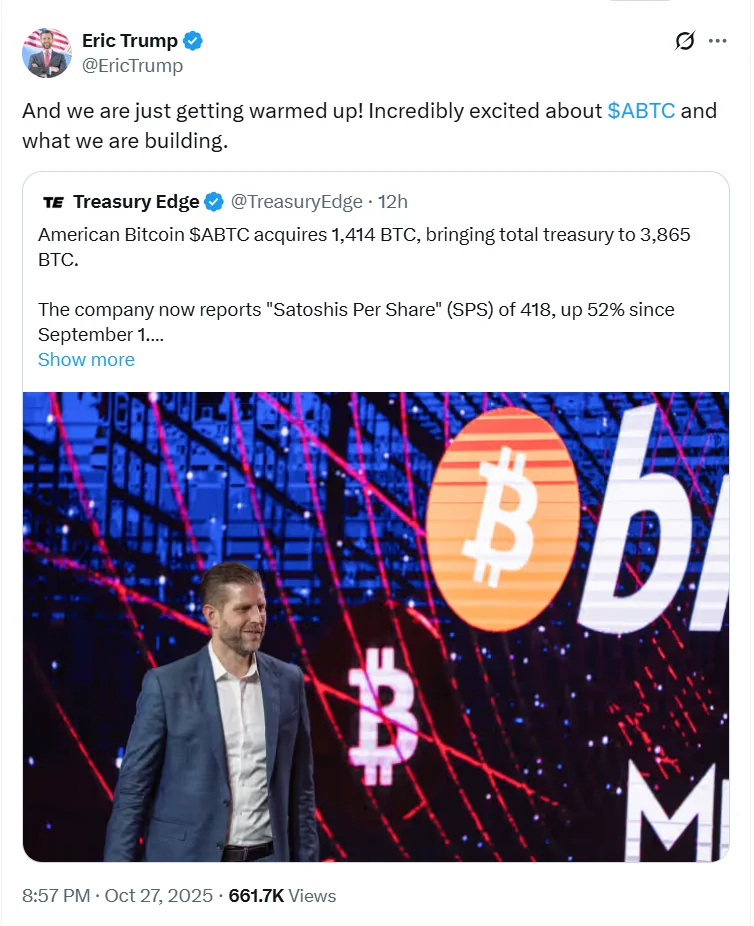 Trump Family’s Bitcoin Firm Soars 10% After Major BTC Purchase 2 Eric Trump Shares On X