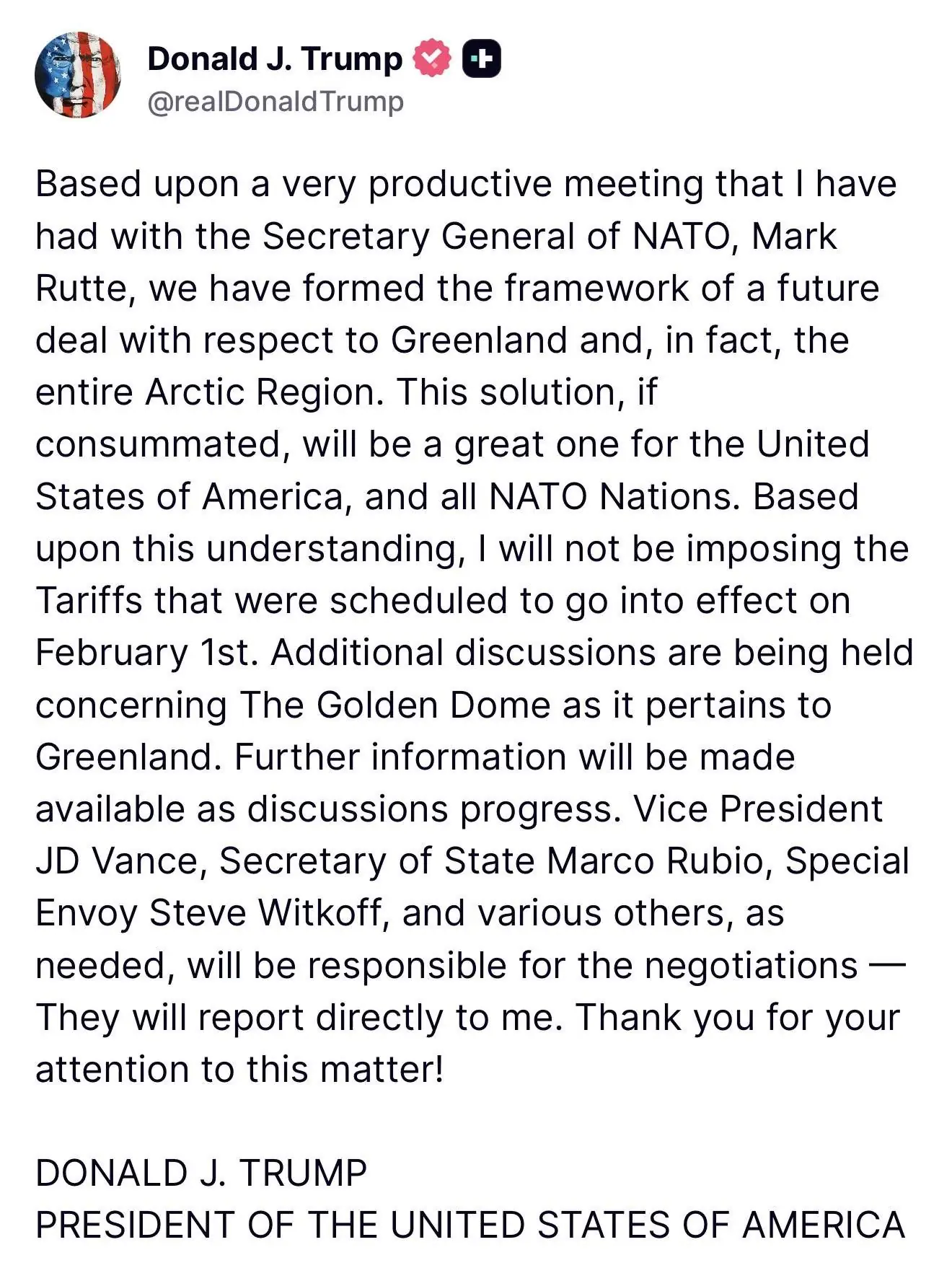 US Reaches Greenland Deal, Drops Tariff Threats, Bitcoin Rebounds Above $90,000 2 Donald Trump On Truth Social