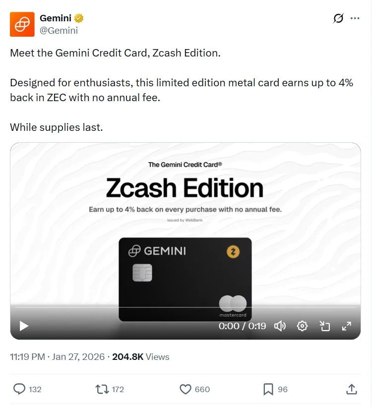 Gemini Launches Zcash Credit Card With ZEC Rewards 2 Gemini Announcement On X