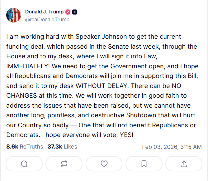 Trump set to sign bill ending partial US government shutdown 2 Donald Trump Shares On Truth Social